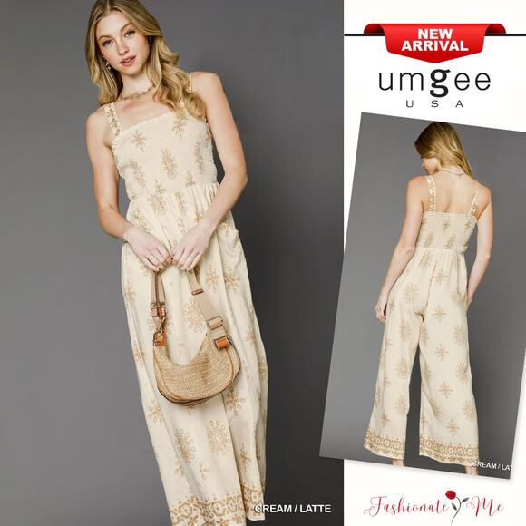 Umgee Smocked Detail Floral Print Square Neck Cropped Wide Leg Jumpsuit | Cream - Picture 1 of 5